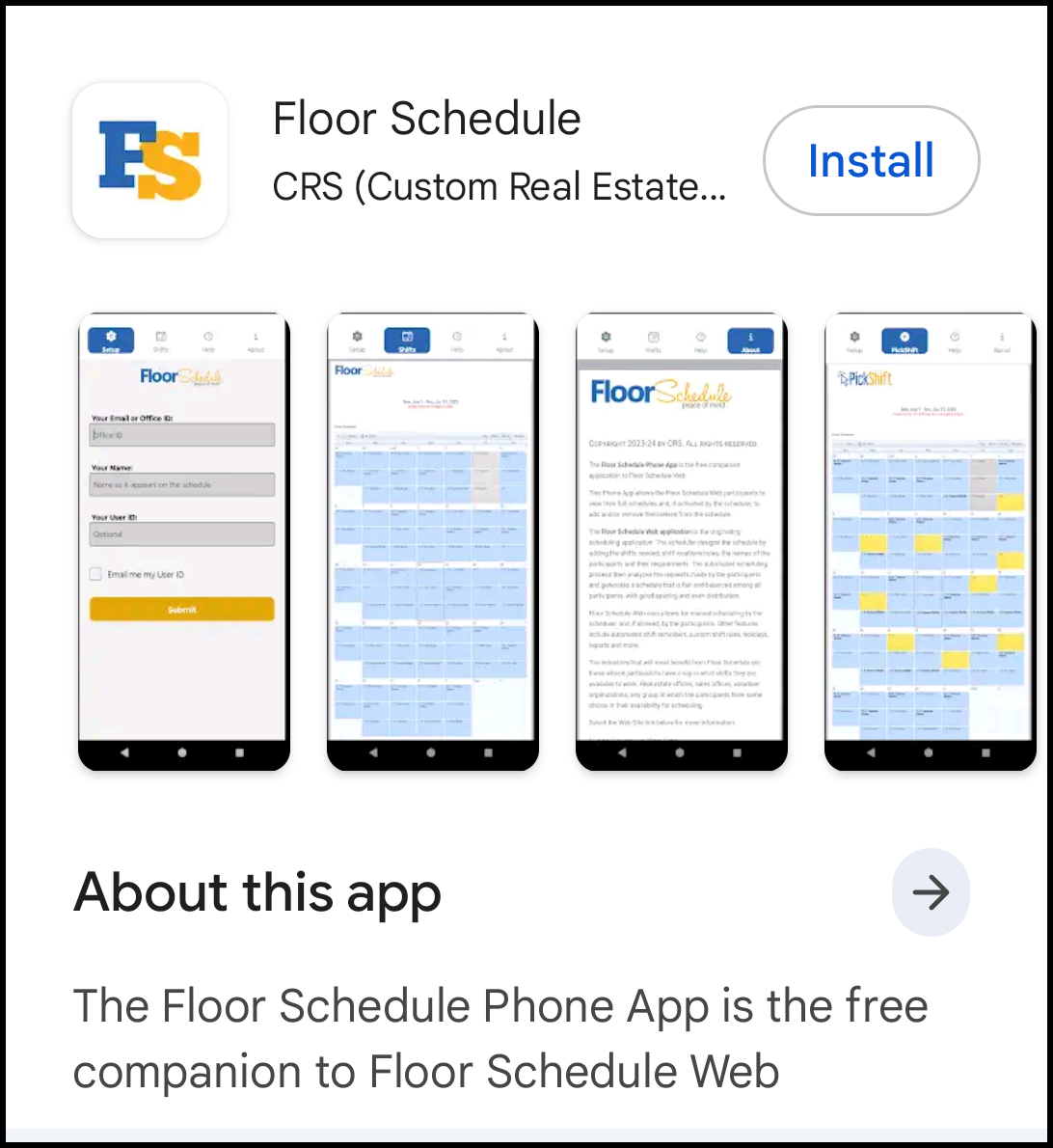 Floor Schedule Phone App store listing showing Setup, Shifts, About and PickShift screens